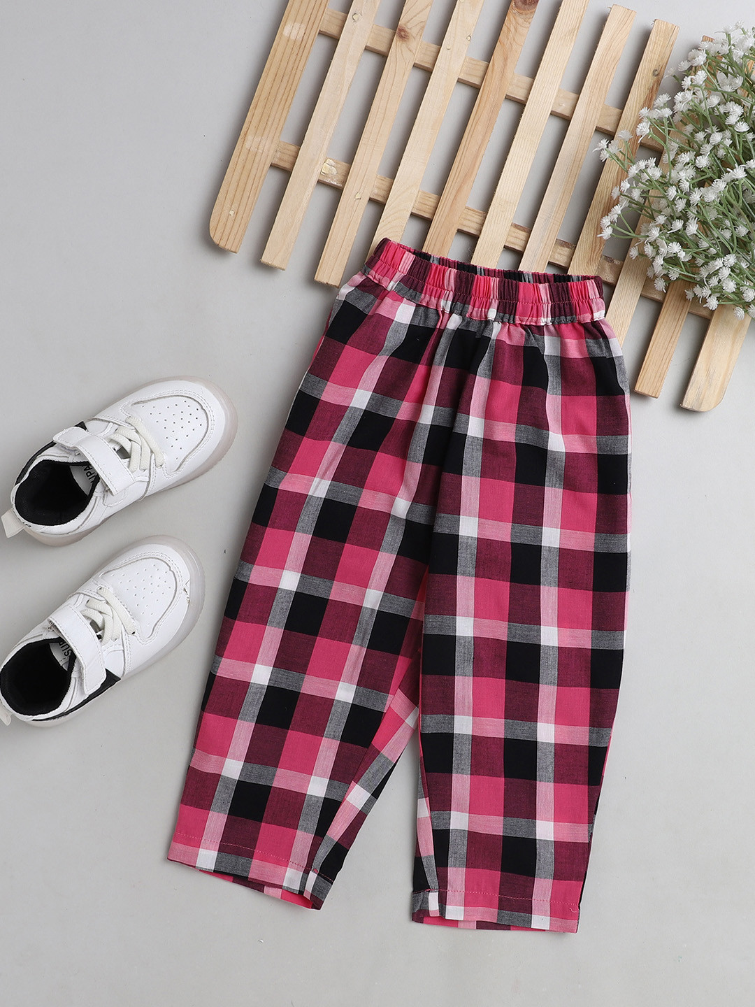 The Magic Wand Girls Pink & Black Checked Cotton Palazzos
