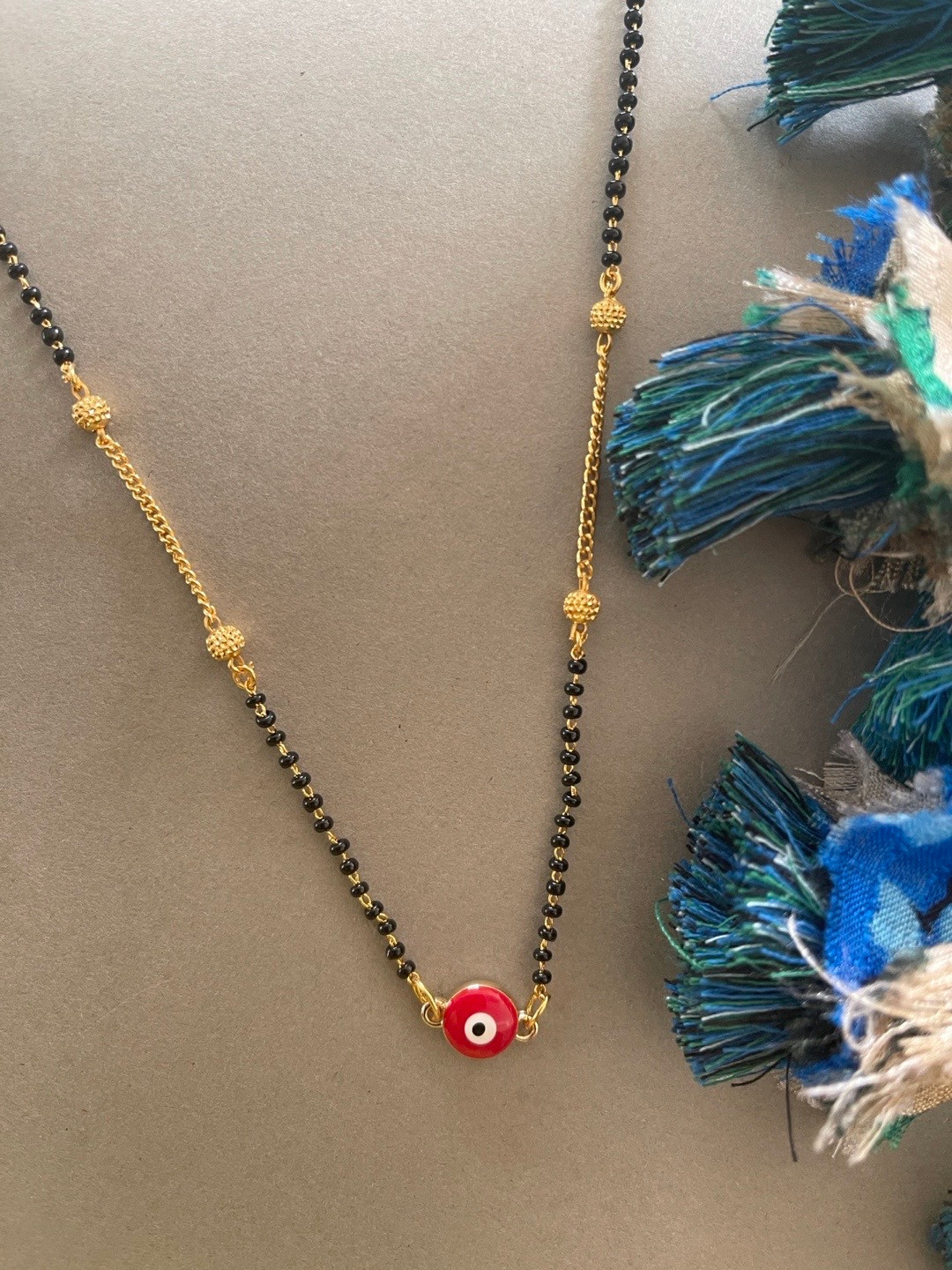 Digital Dress Room Gold-Plated Black Beads Evil Eye Pendant Short Mangalsutra