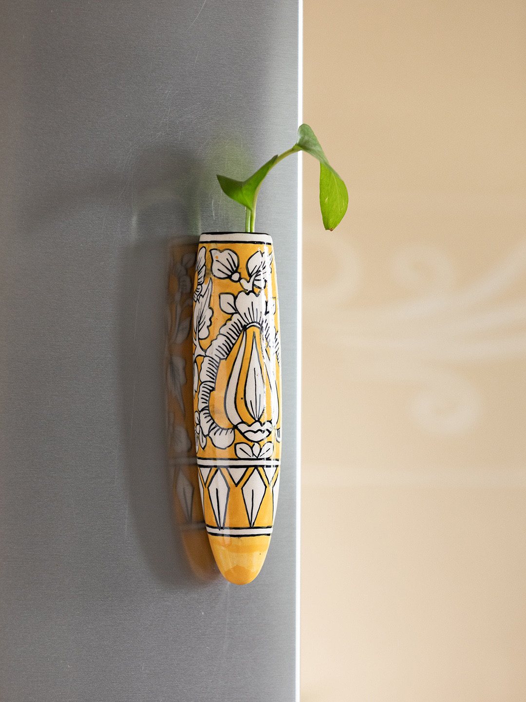 ExclusiveLane Yellow & White Mughal Tales Printed Ceramic Magnetic Fridge Planters