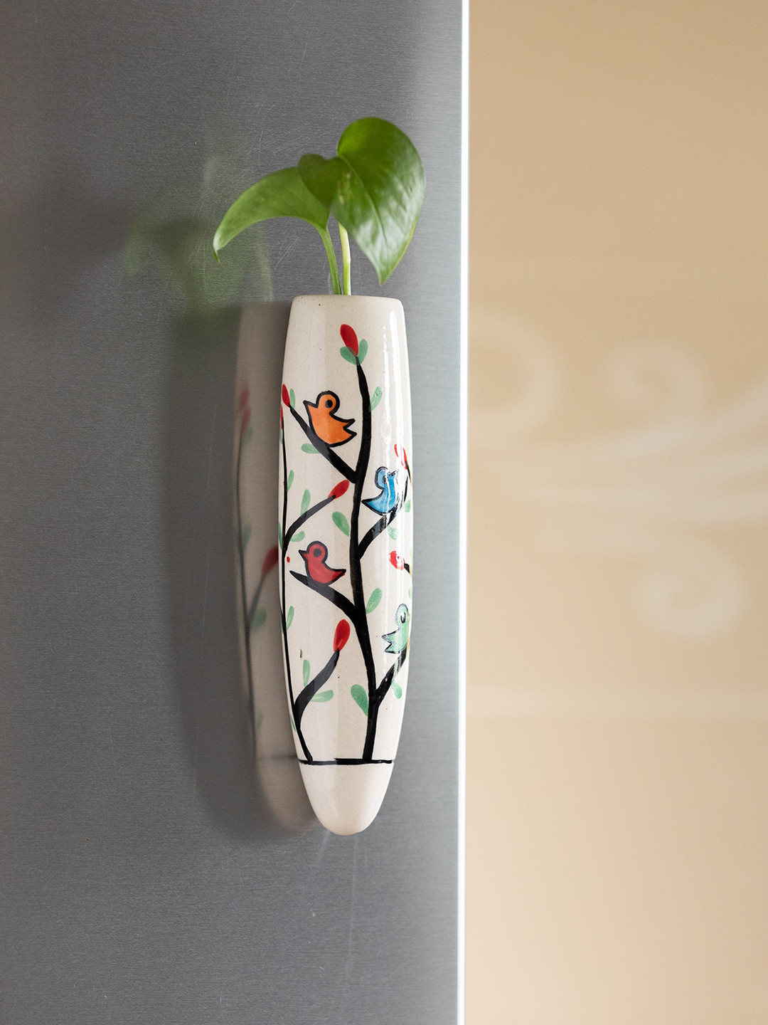 ExclusiveLane White Printed Chirping Mockingjay Ceramic Magnetic Fridge Planter
