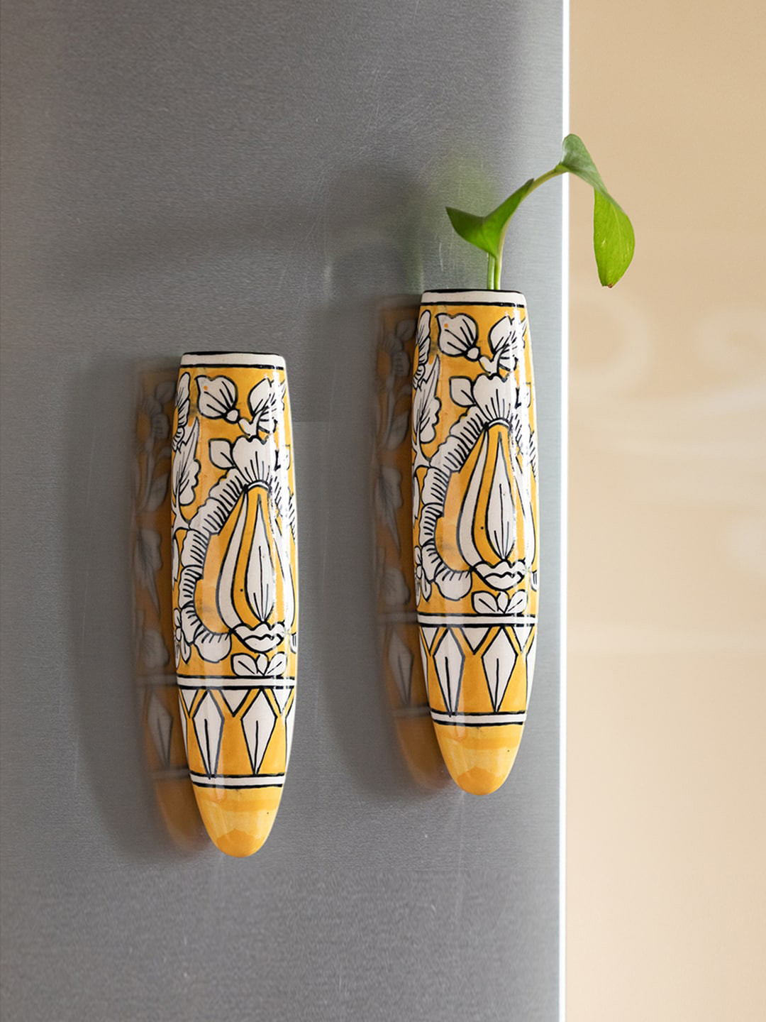 ExclusiveLane Mughal Tales Set Of 2 Yellow & White Printed Ceramic Magnetic Fridge Planter