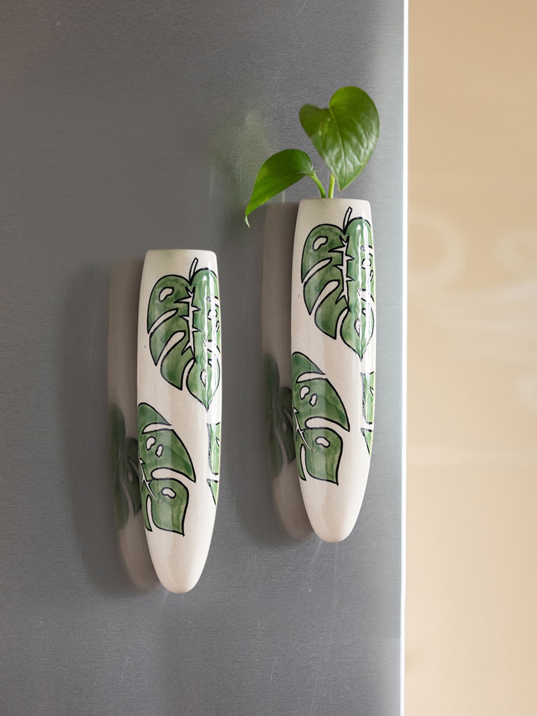 ExclusiveLane Set Of 2 White & Green Floral Printed Ceramic Magnetic Fridge Planter