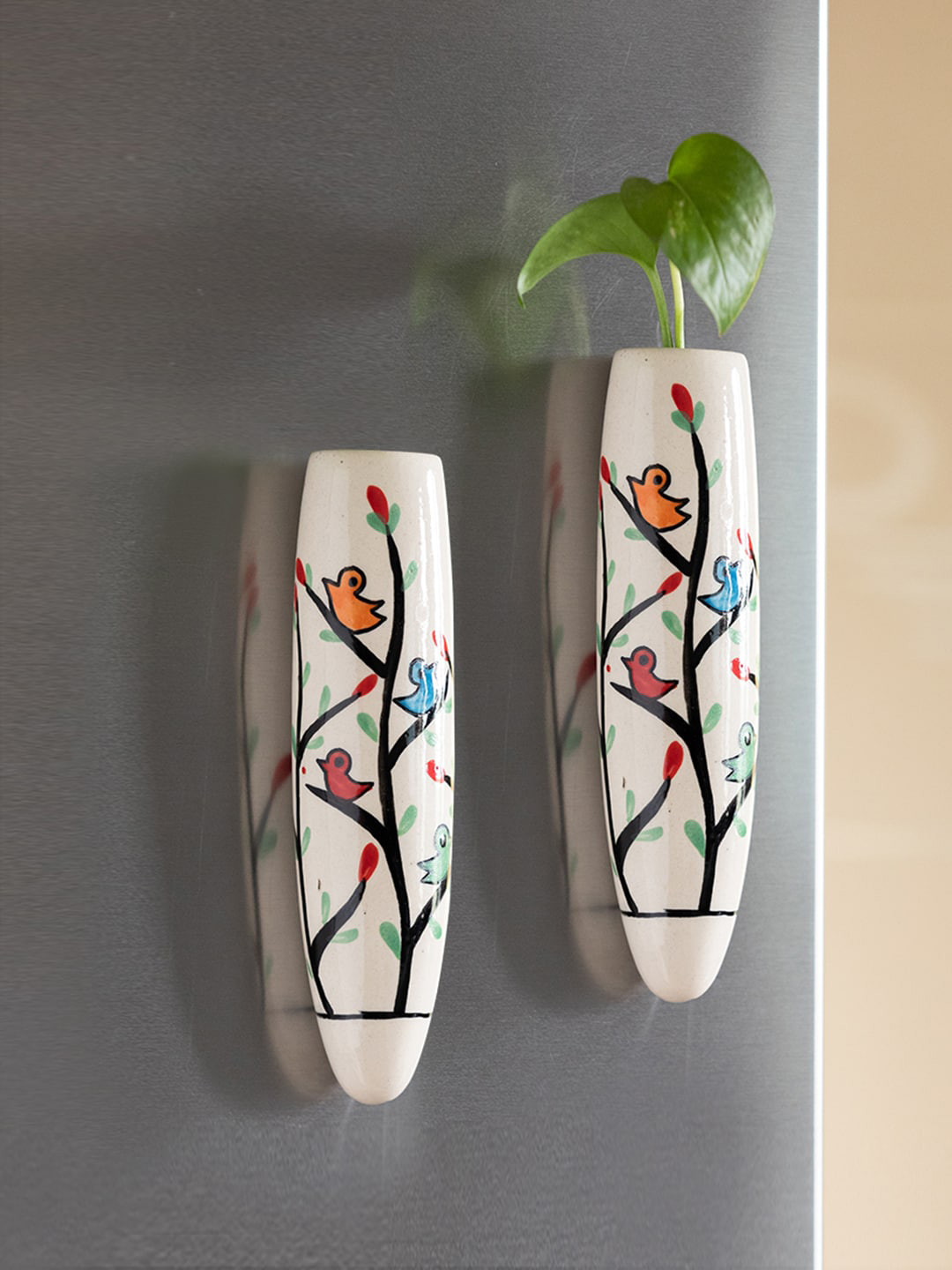 ExclusiveLane Set Of 2 Cream Chirping Mockingjay Hand-Painted Magnetic Fridge Planters