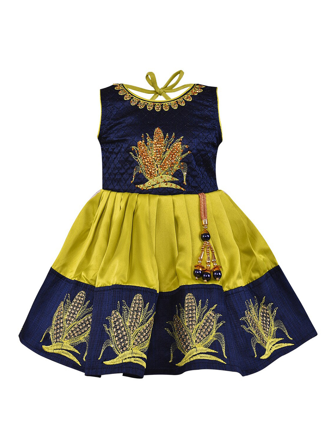 Wish Karo Lime Green Ethnic Motifs Embroidered Satin Ethnic Dress