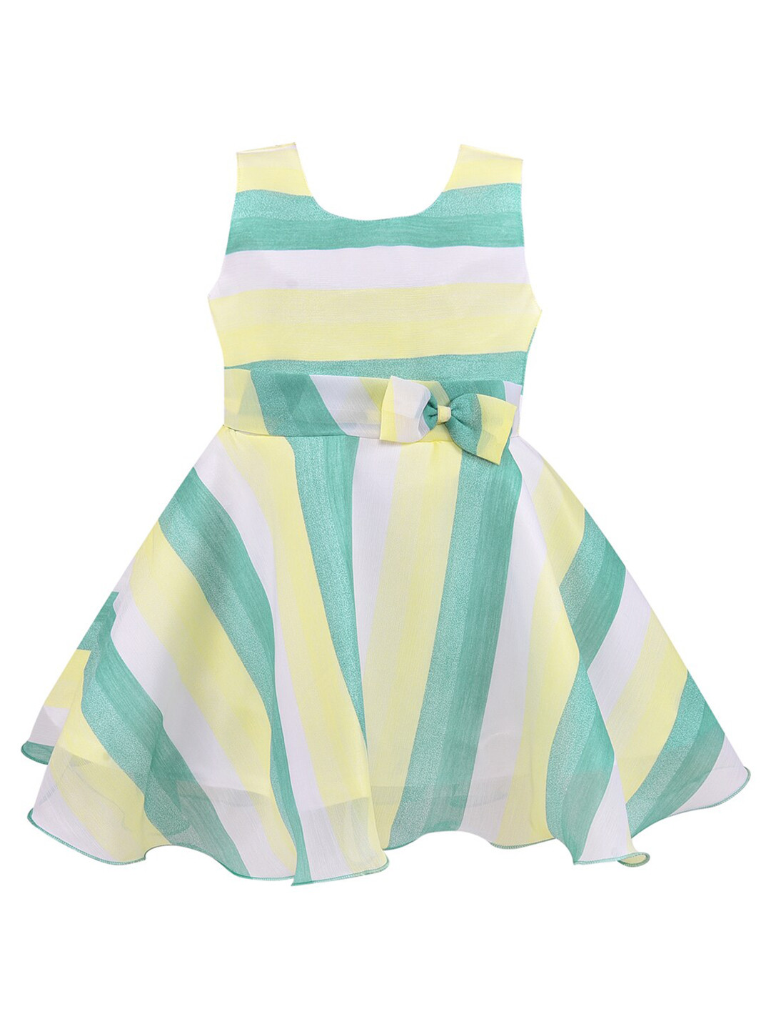 Wish Karo Girls Green & Yellow Striped Dress