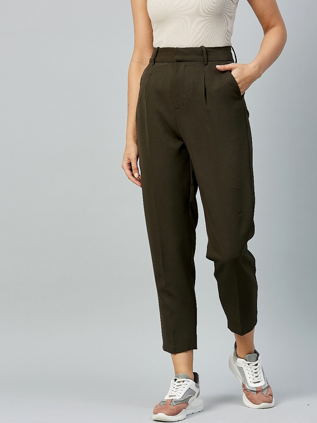 DELAN Women Olive Green Relaxed Slim Fit High-Rise Easy Wash Cigarette Trousers