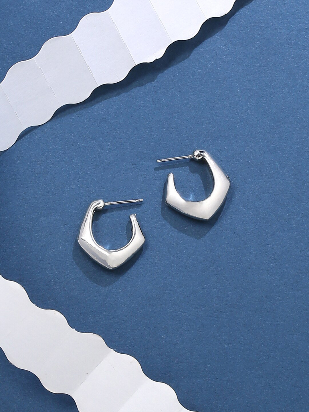 VIRAASI Silver-Toned Contemporary Half Hoop Earrings