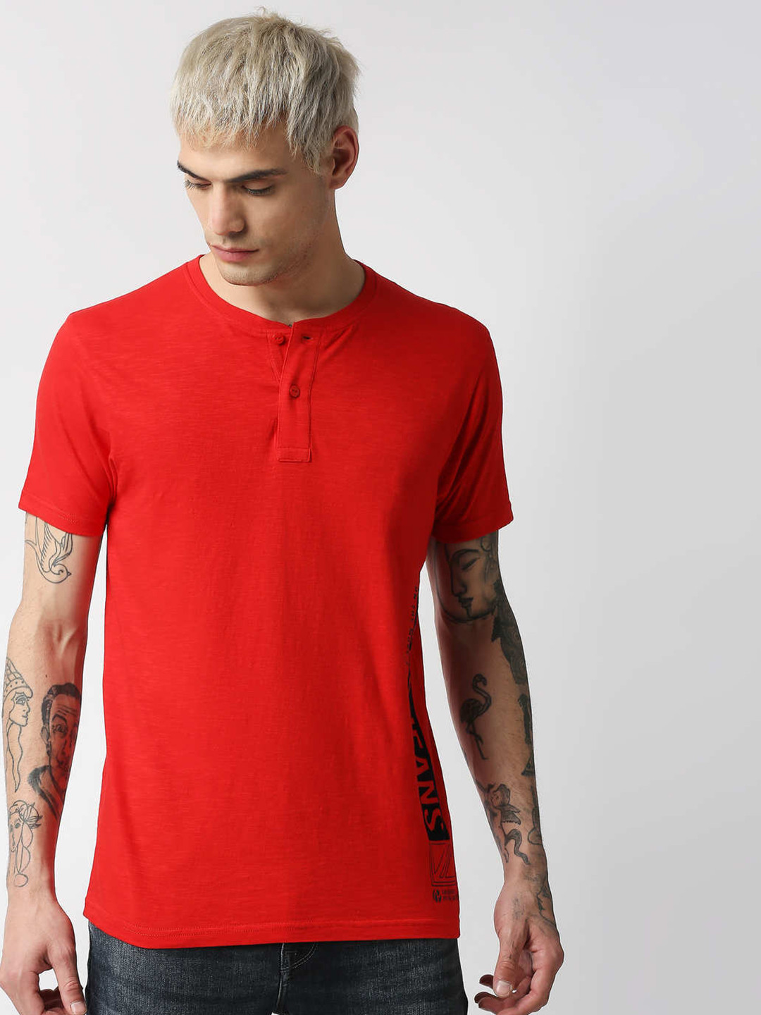 Pepe Jeans Men Red Henley Neck Slim Fit T-shirt