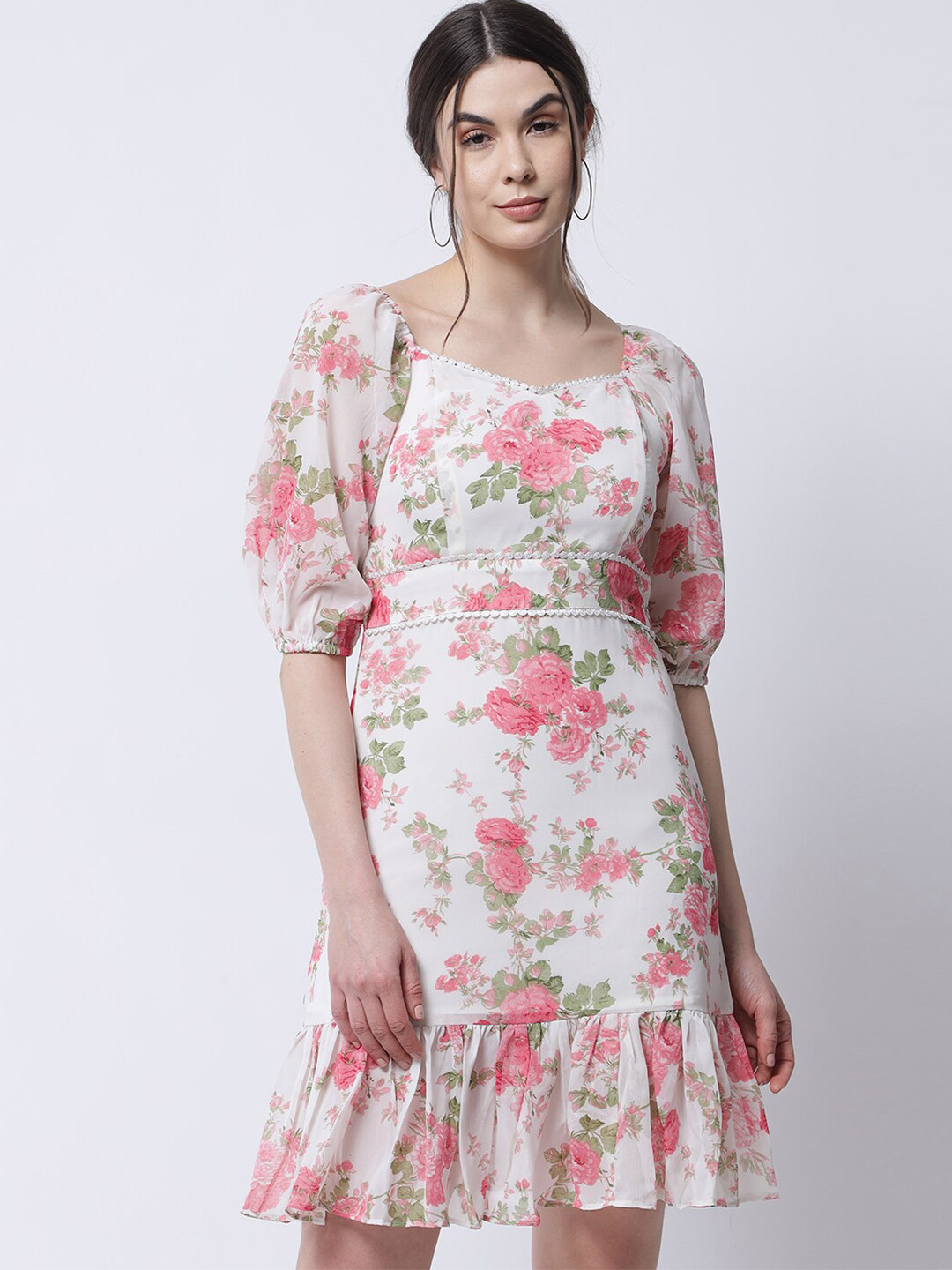MARC LOUIS Off-White & Pink Floral A-line Dress