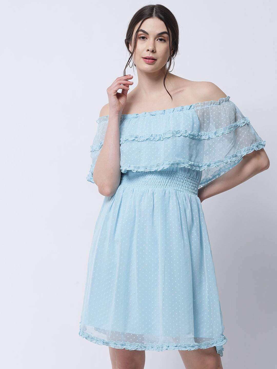 MARC LOUIS Blue Off-Shoulder Georgette Blouson Dress