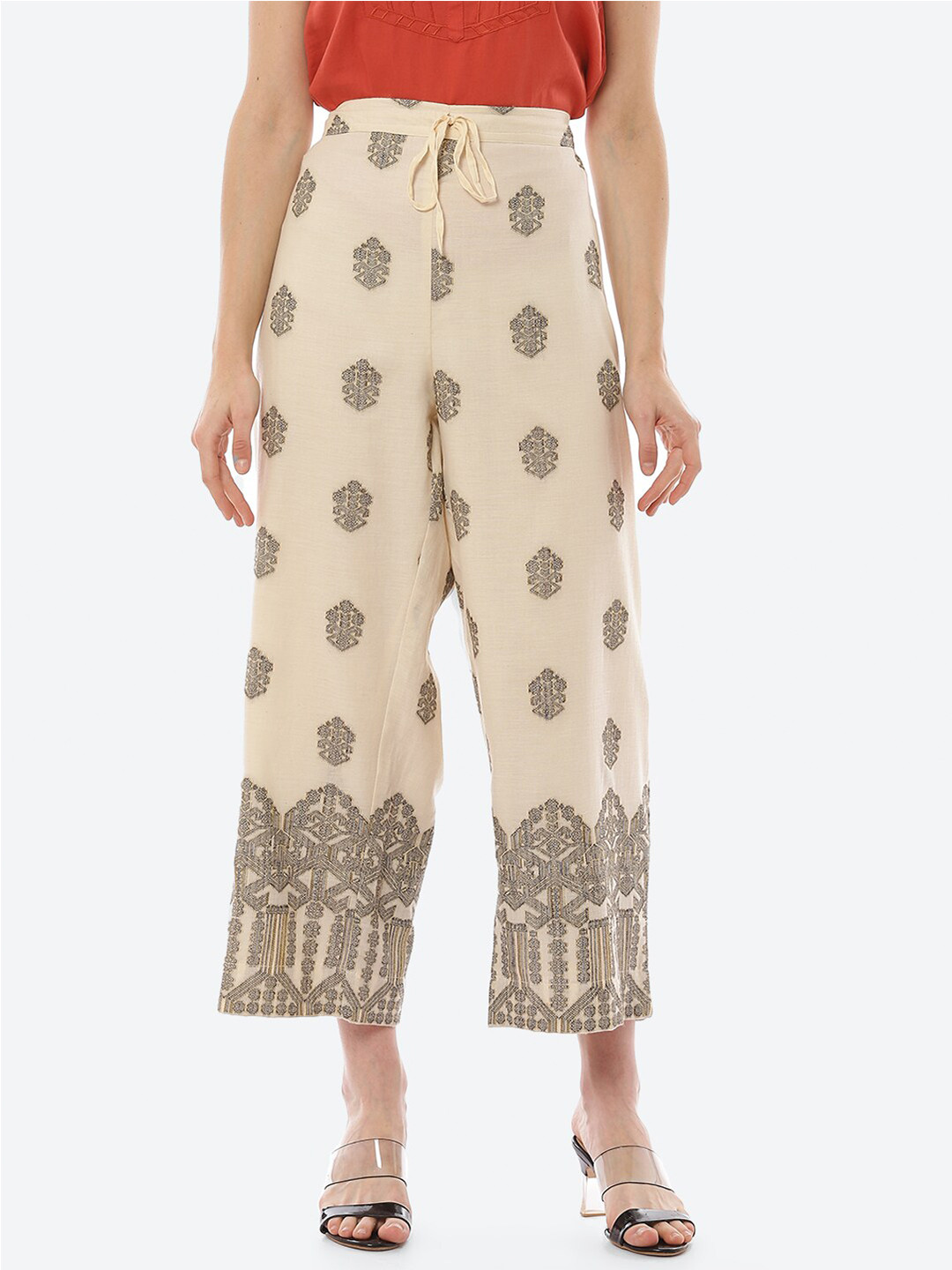 Biba Women Cream Ethnic Motifs Printed Straight Fit Cropped Cotton Palazzos