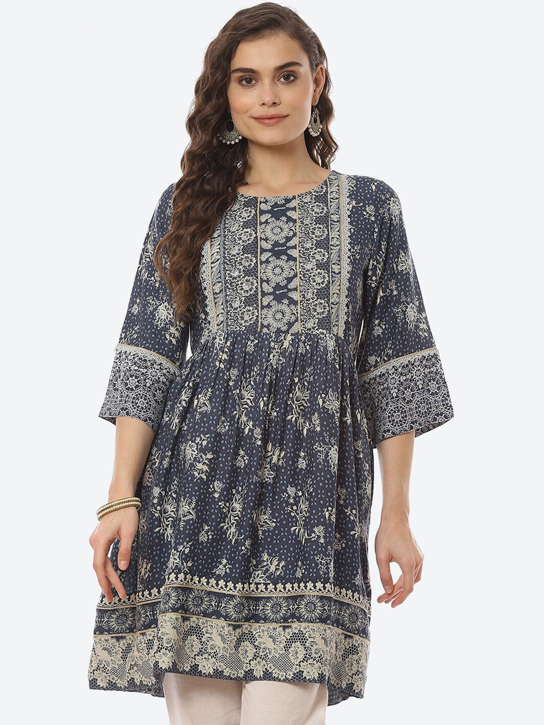 Biba Navy Blue Ethnic Motifs Printed Pleated Anarkali Kurti