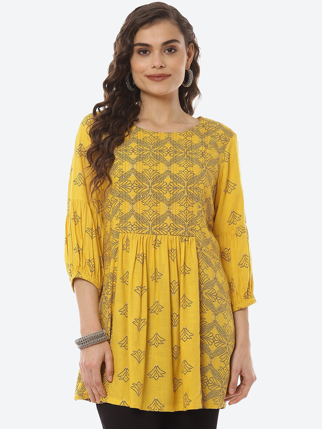 Biba Mustard Yellow & Black Ethnic Motifs Printed Kurti