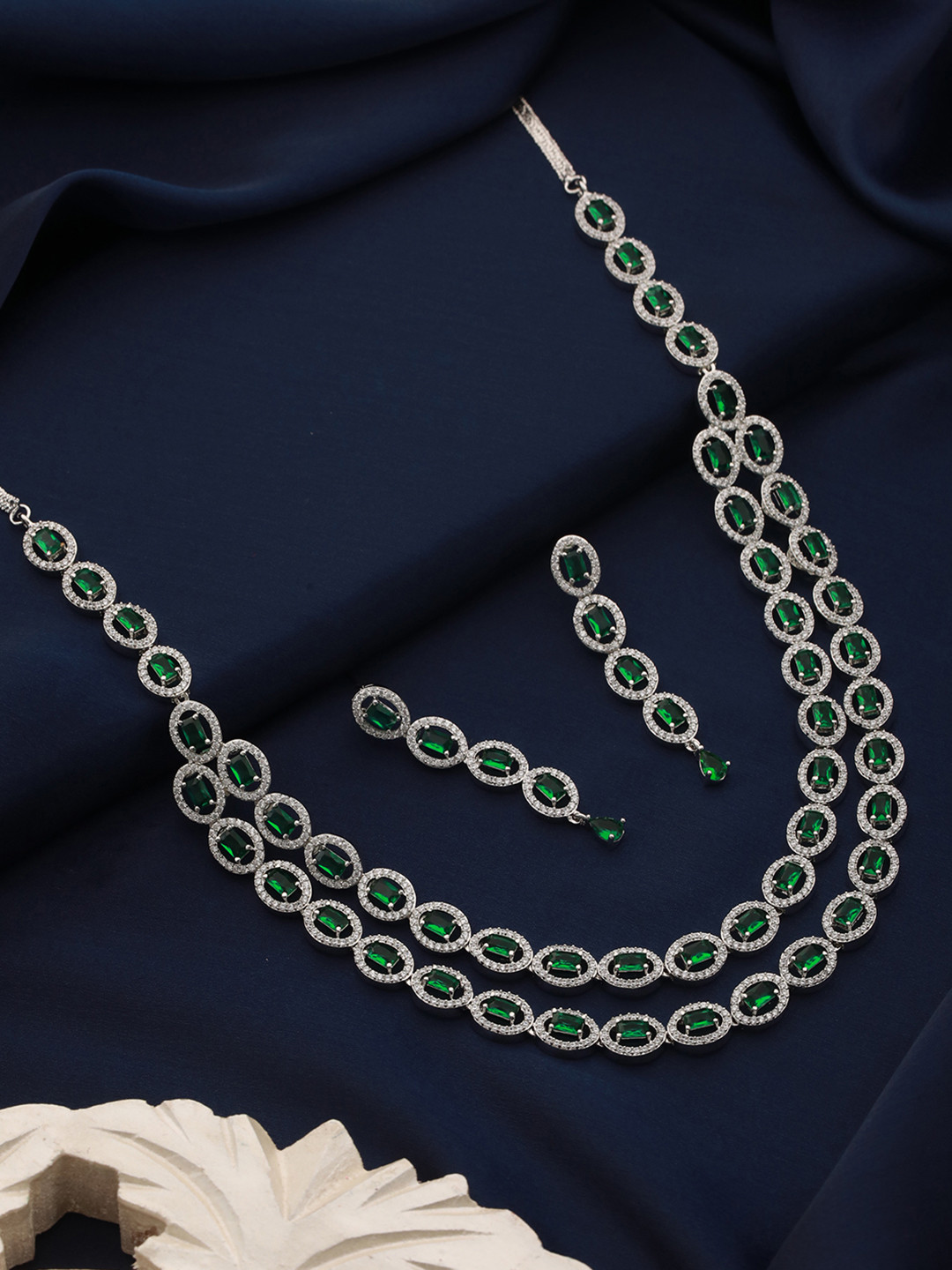 Saraf RS Jewellery Rhodium-Plated & Green AD Studded Jewellery Set