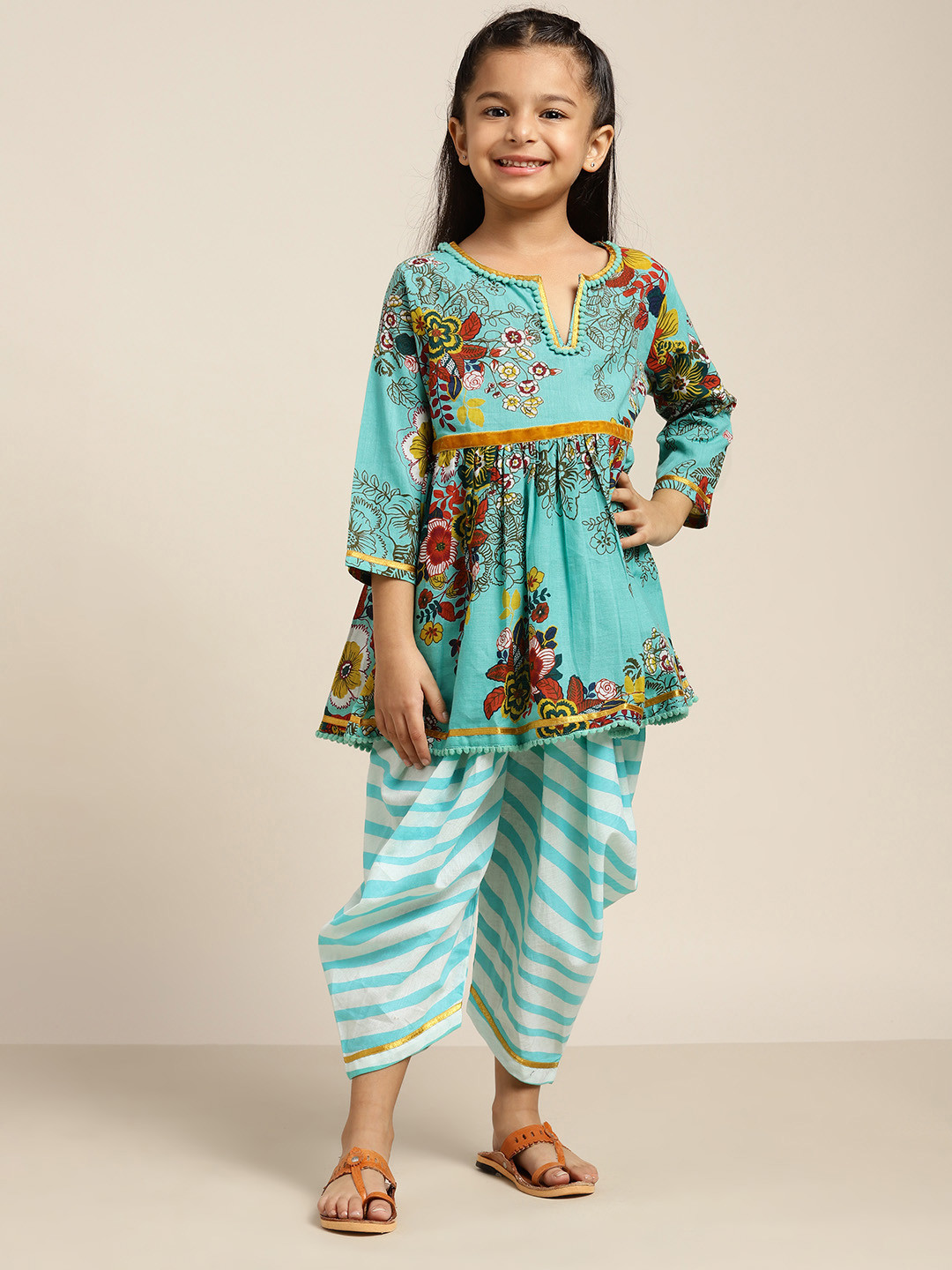 Sangria Girls Turquoise Blue Pure Cotton Floral Printed Kurta with Dhoti Pants