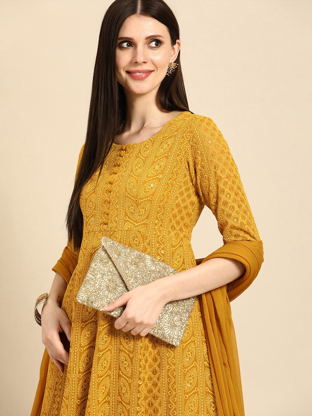 Anouk Women Mustard Yellow Ethnic Motifs Embroidered Sequinned Kurta Set - Kurta Sets for Women 17551332 | Myntra