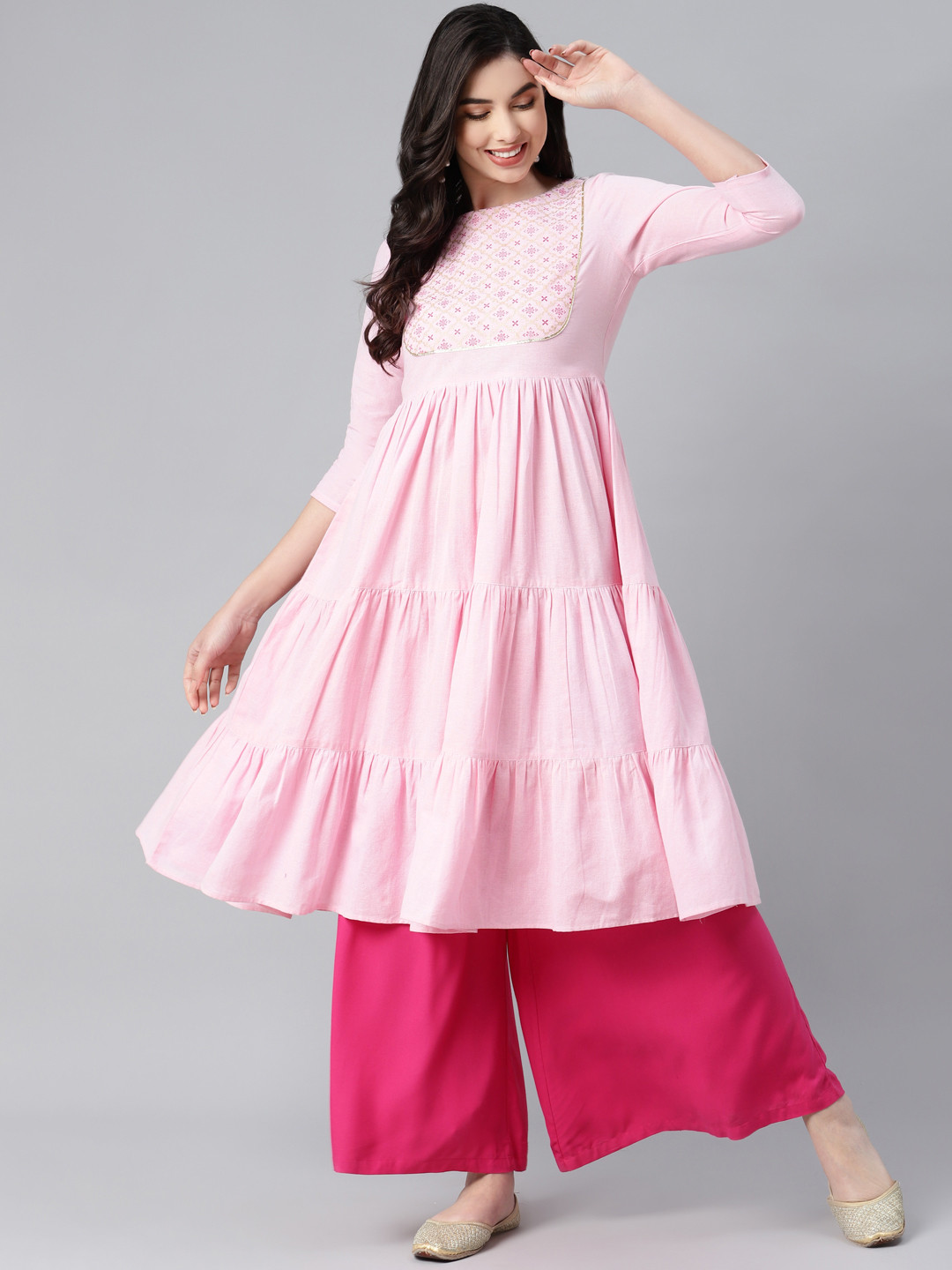 MBE Women Pink Floral Yoke Design Pure Cotton Gotta Patti Pastels Tiered Anarkali Kurta