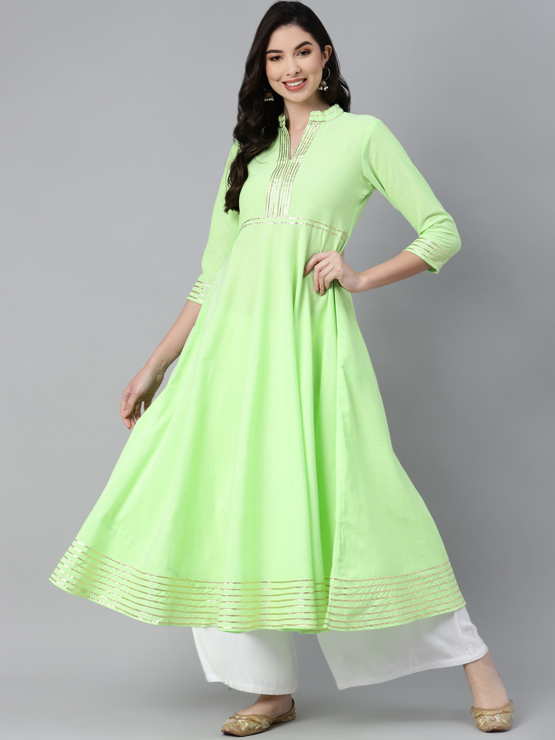MBE Women Lime Green Gotta Patti Pure Cotton Pastels Anarkali Kurta