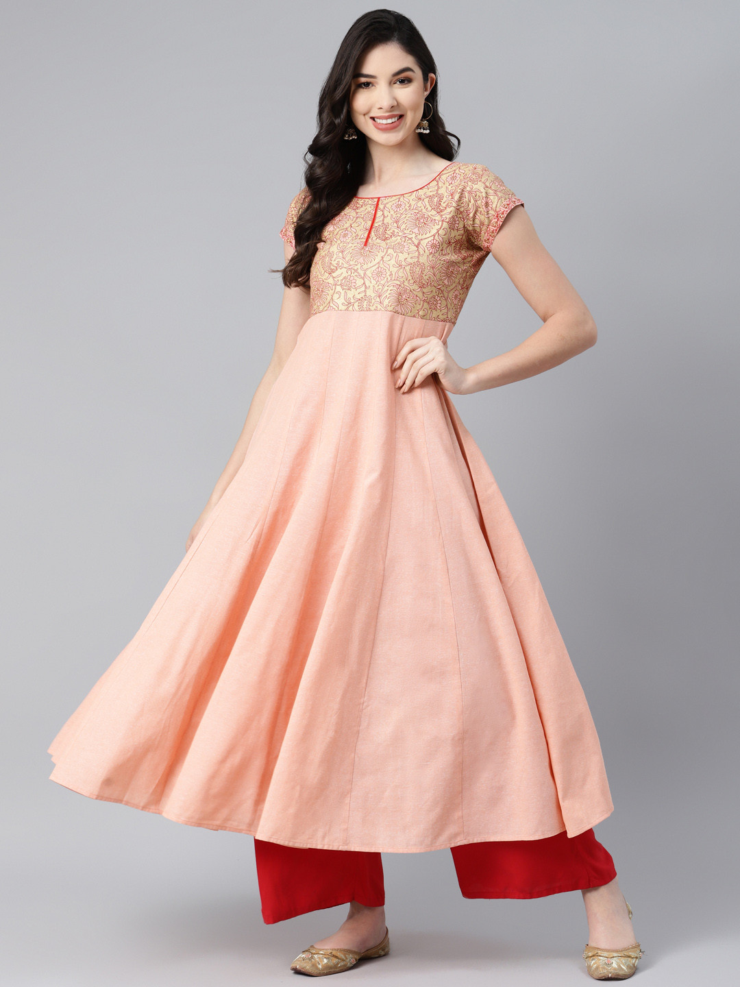 MBE Women Peach-Coloured & Red Floral Yoke Design Pure Cotton Pastels Anarkali Kurta