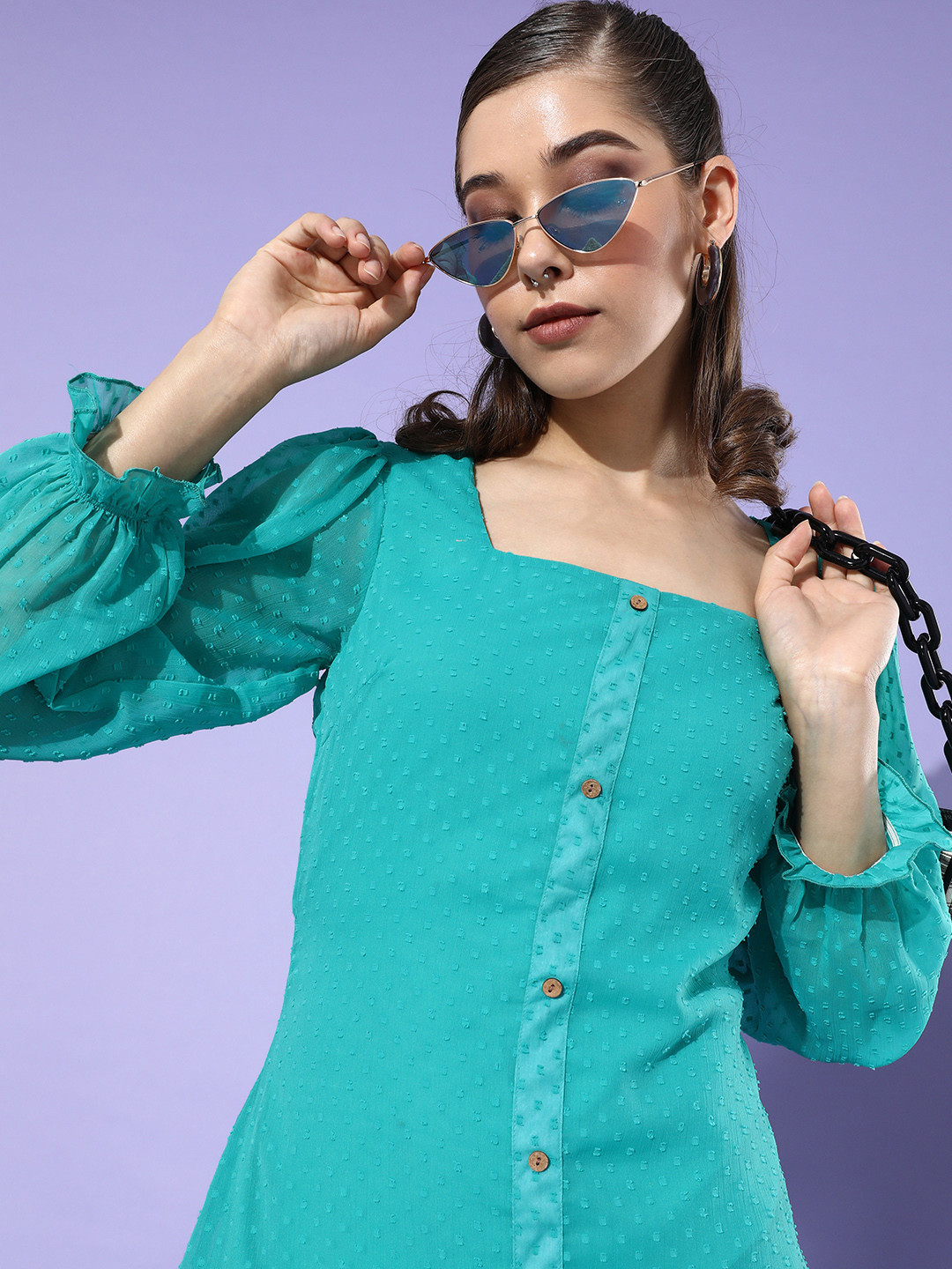 DODO & MOA Women Gorgeous Green Self-Design Volume Play Dress