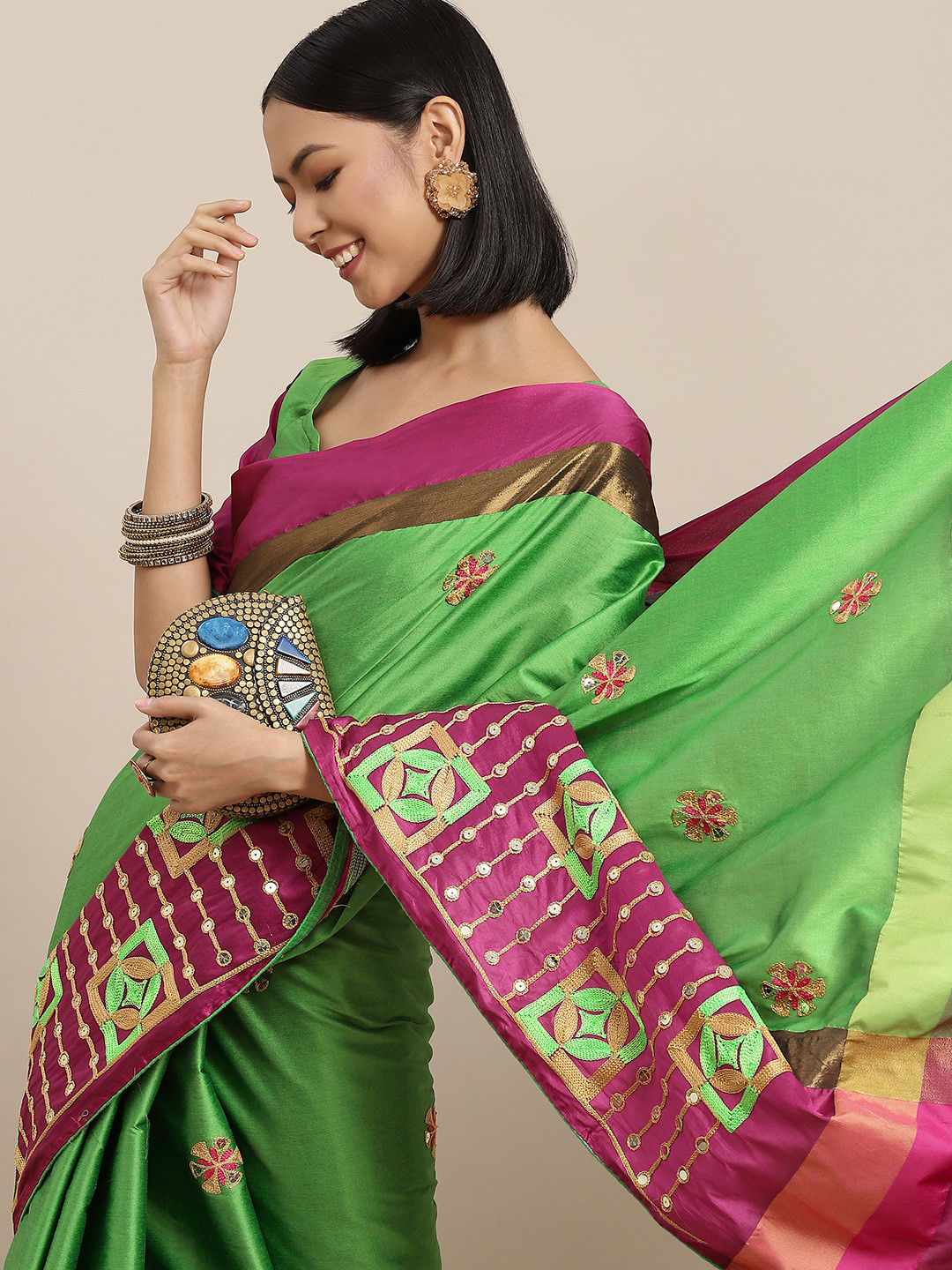 Mitera Green & Fuchsia Geometric Embroidered Sequinned Saree