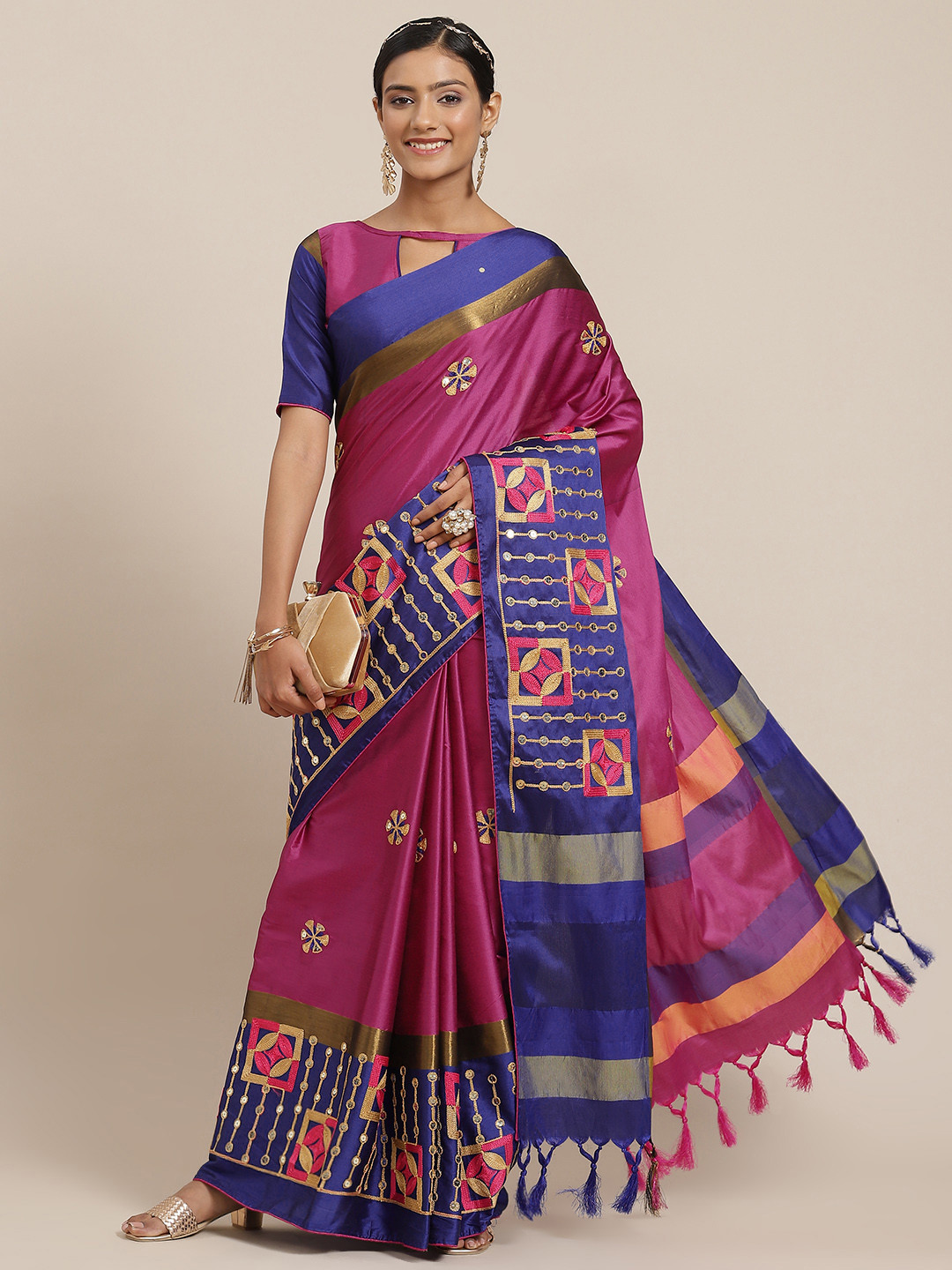 Mitera Woemn Magenta & Blue Sequinned Silk Cotton Ready to Wear Saree