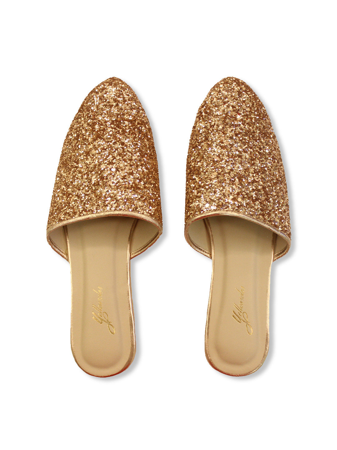 yellowsoles Women Rose Gold Embellished Leather Party Mules Flats