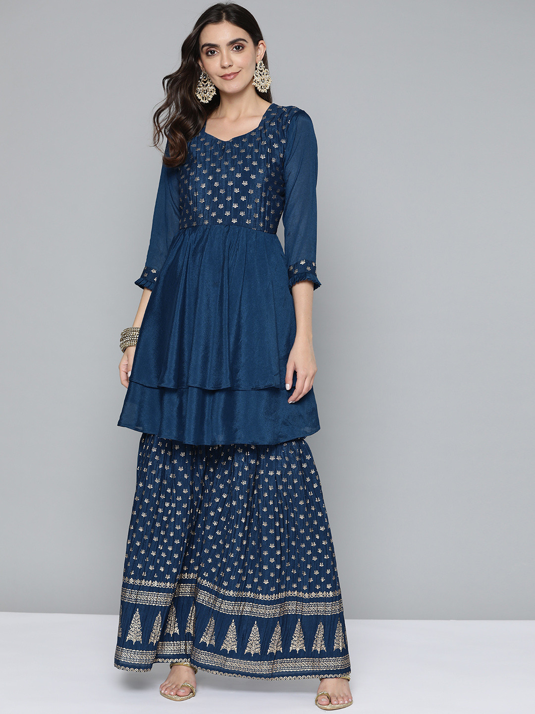 Kvsfab Women Blue Floral Print Layered Kurta with Sharara