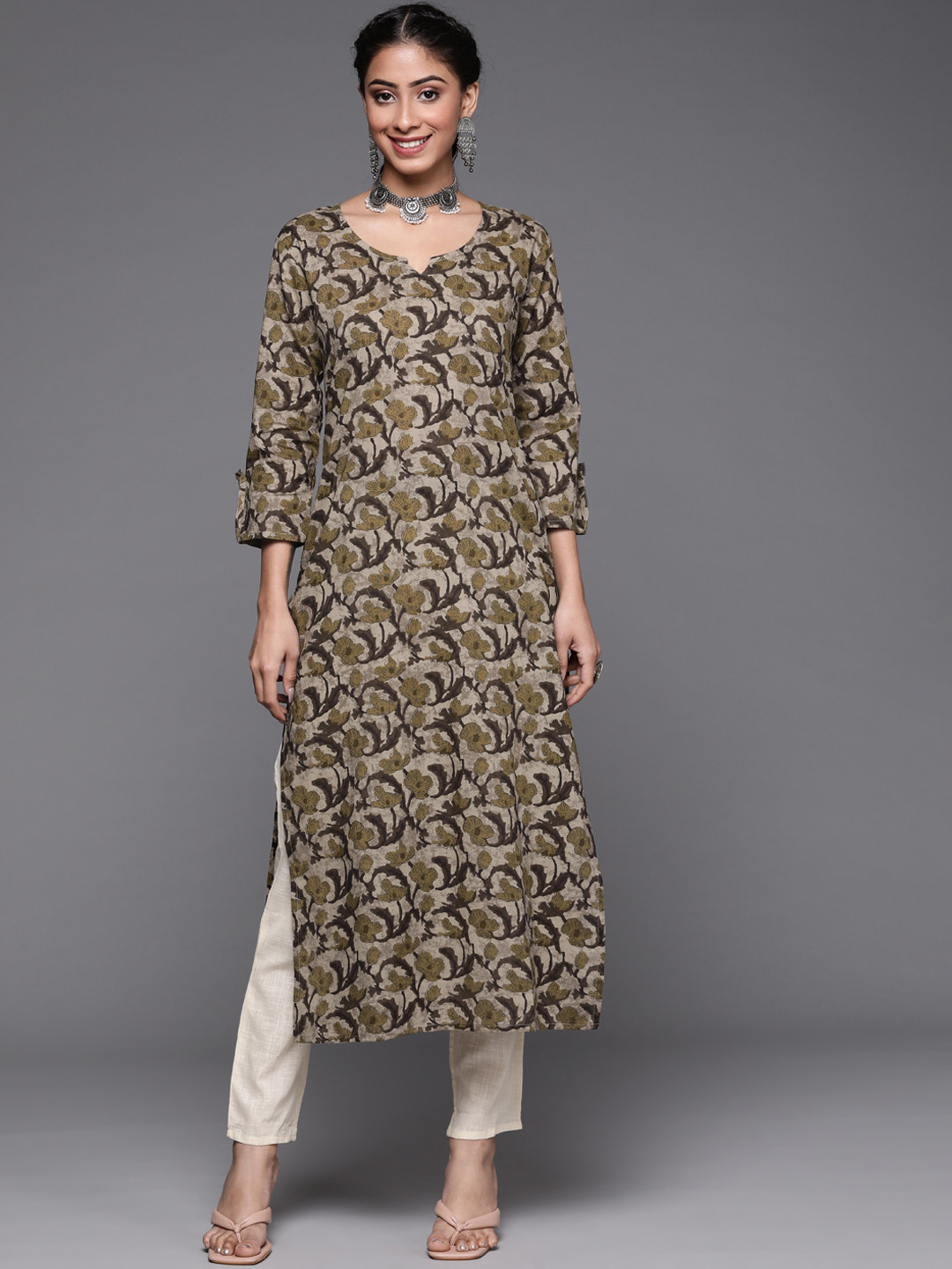 KSUT Women Olive Green & Taupe Ethnic Motifs Printed Pure Cotton Kurta