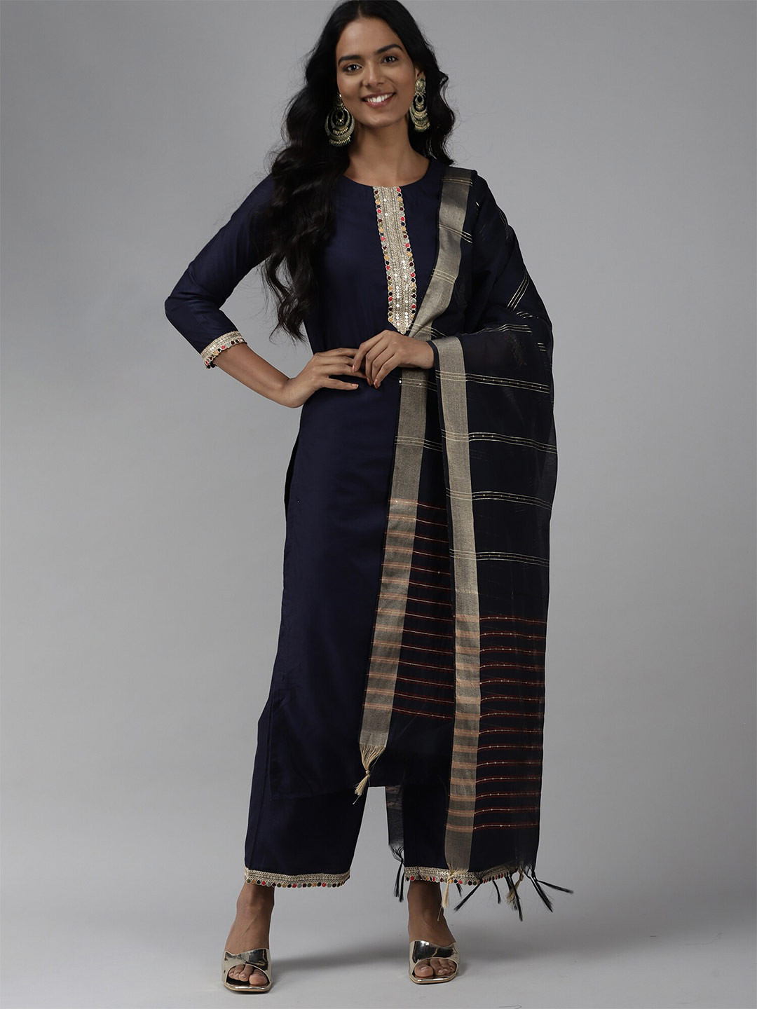 Indo Era Navy Blue Woven Design Art Silk Dupatta