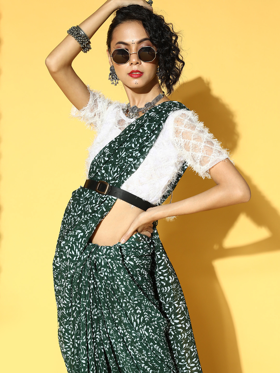 Mitera Women Green & Black Georgette Digital Printed Full Pleated Exclusive Saree