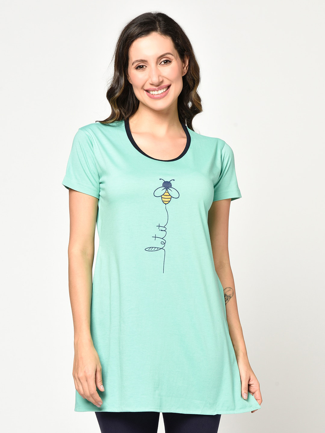 CUSHYBEE Women Green Printed Applique T-shirt