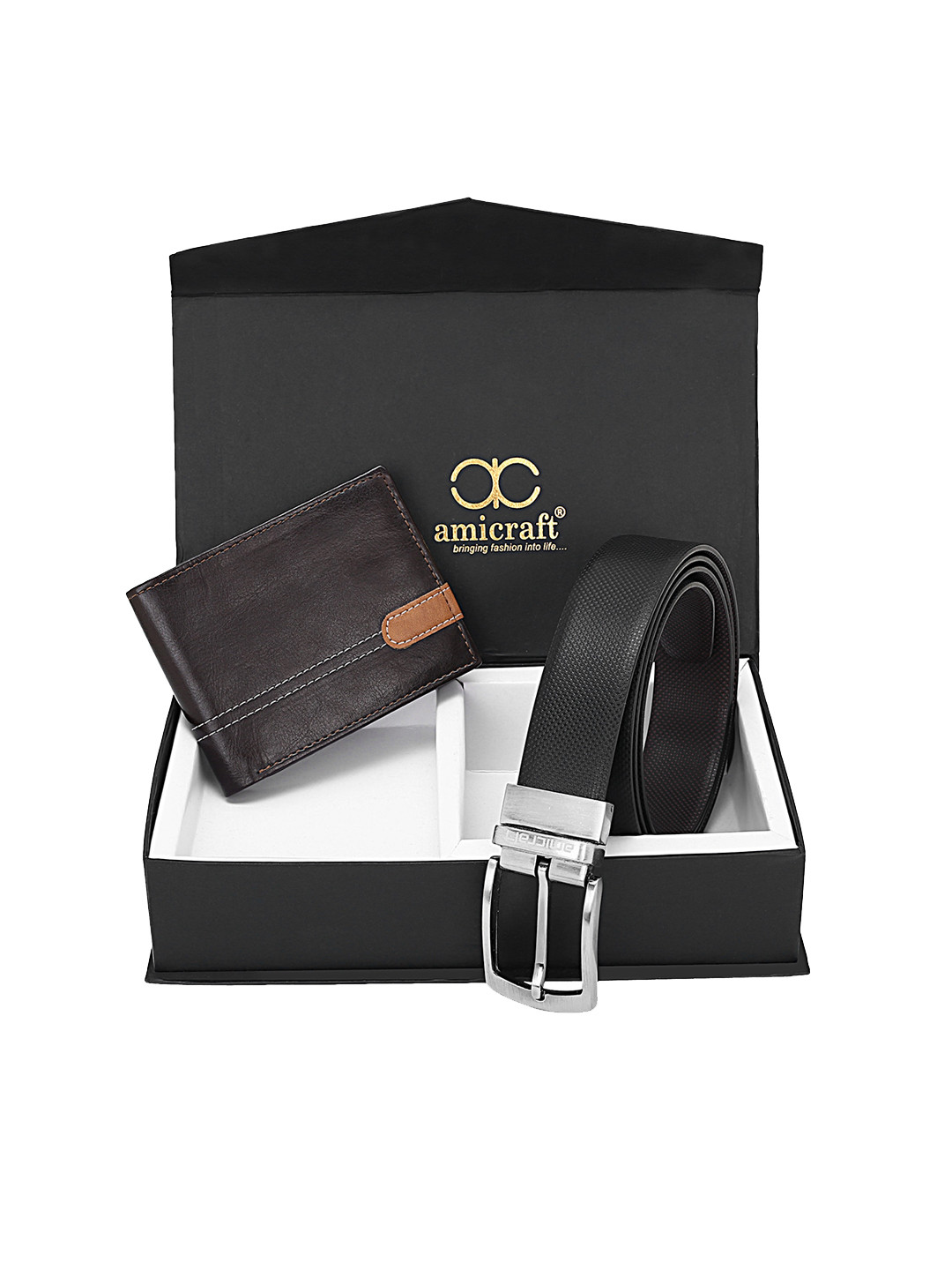 amicraft Men Black Wallet & Belt Accessory Gift Set