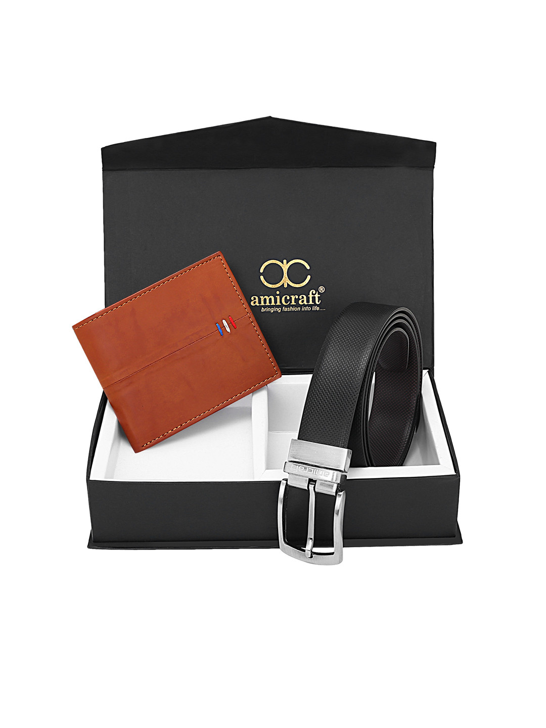 amicraft Men Black & Brown Solid Wallet & Belt Accessory Gift Set