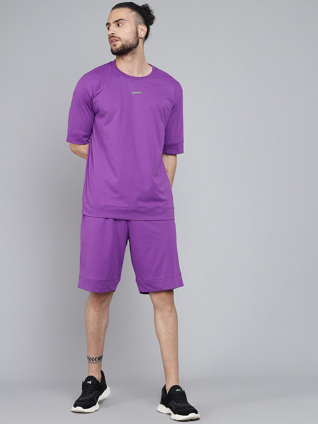 GRIFFEL Men Purple Pure Cotton T-shirt with Shorts