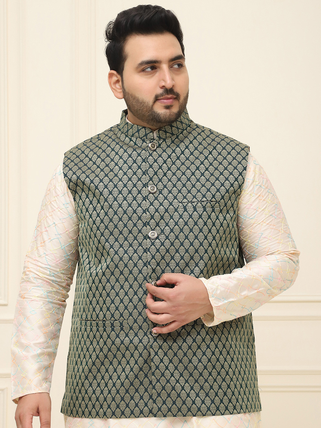 Sojanya PLUS Men's Green & Golden Woven Design Nehru Jacket