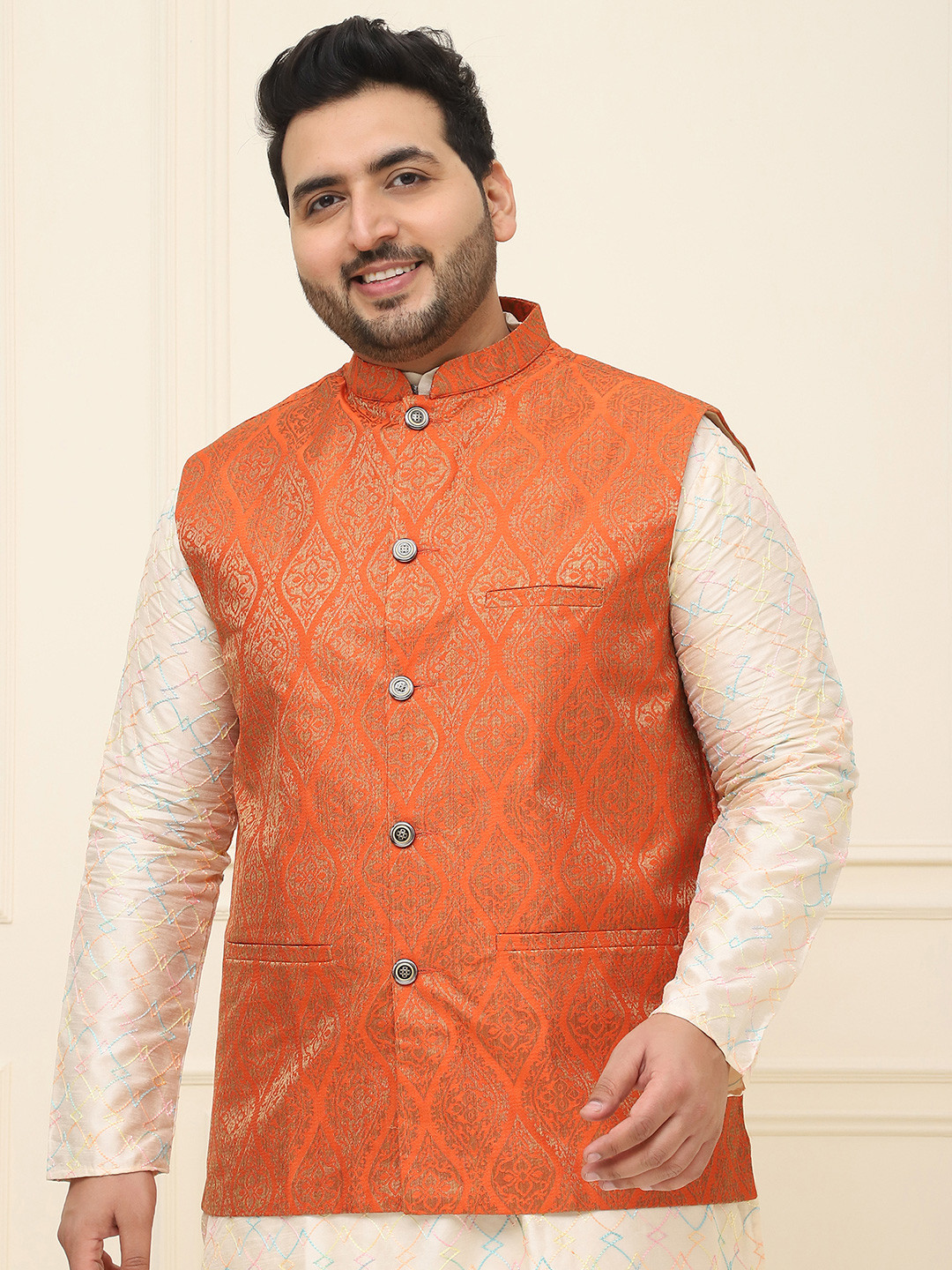 Sojanya PLUS Men's Orange & Golden Woven Design Nehru Jacket
