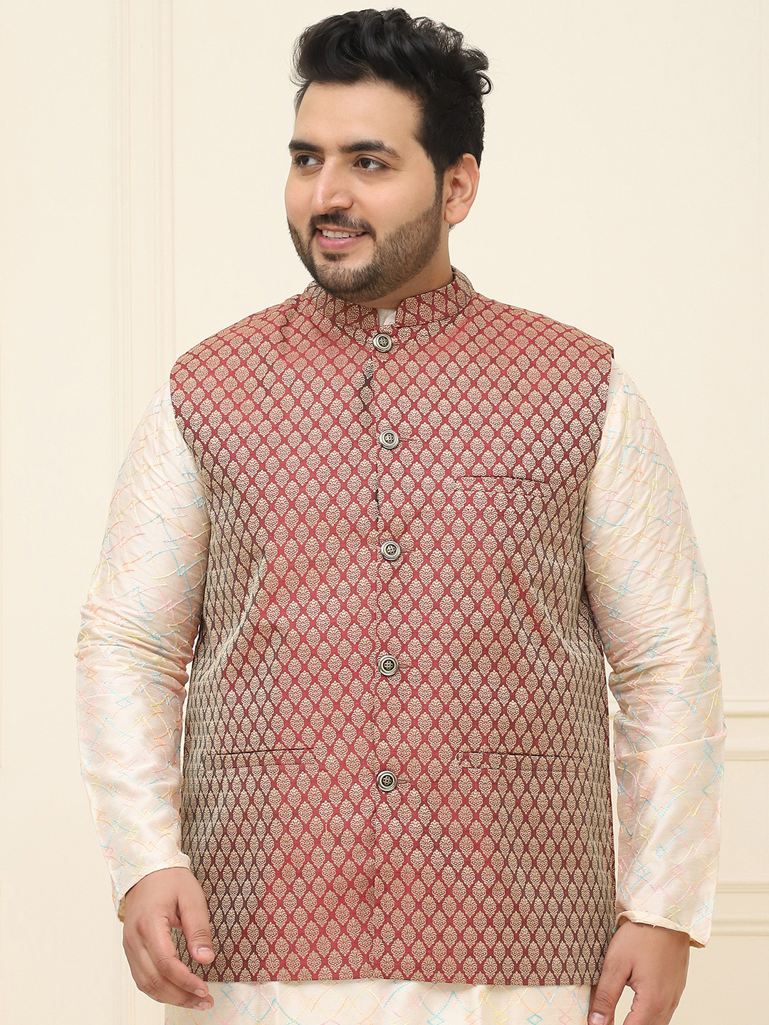 Sojanya PLUS Men's Maroon & Golden Woven Design Nehru Jacket