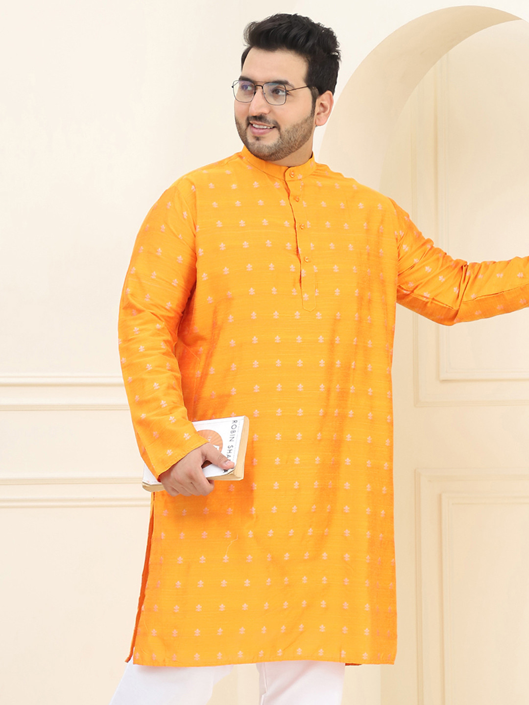 SOJANYA PLUS Men Orange & Silver Jacquard Woven Design Kurta