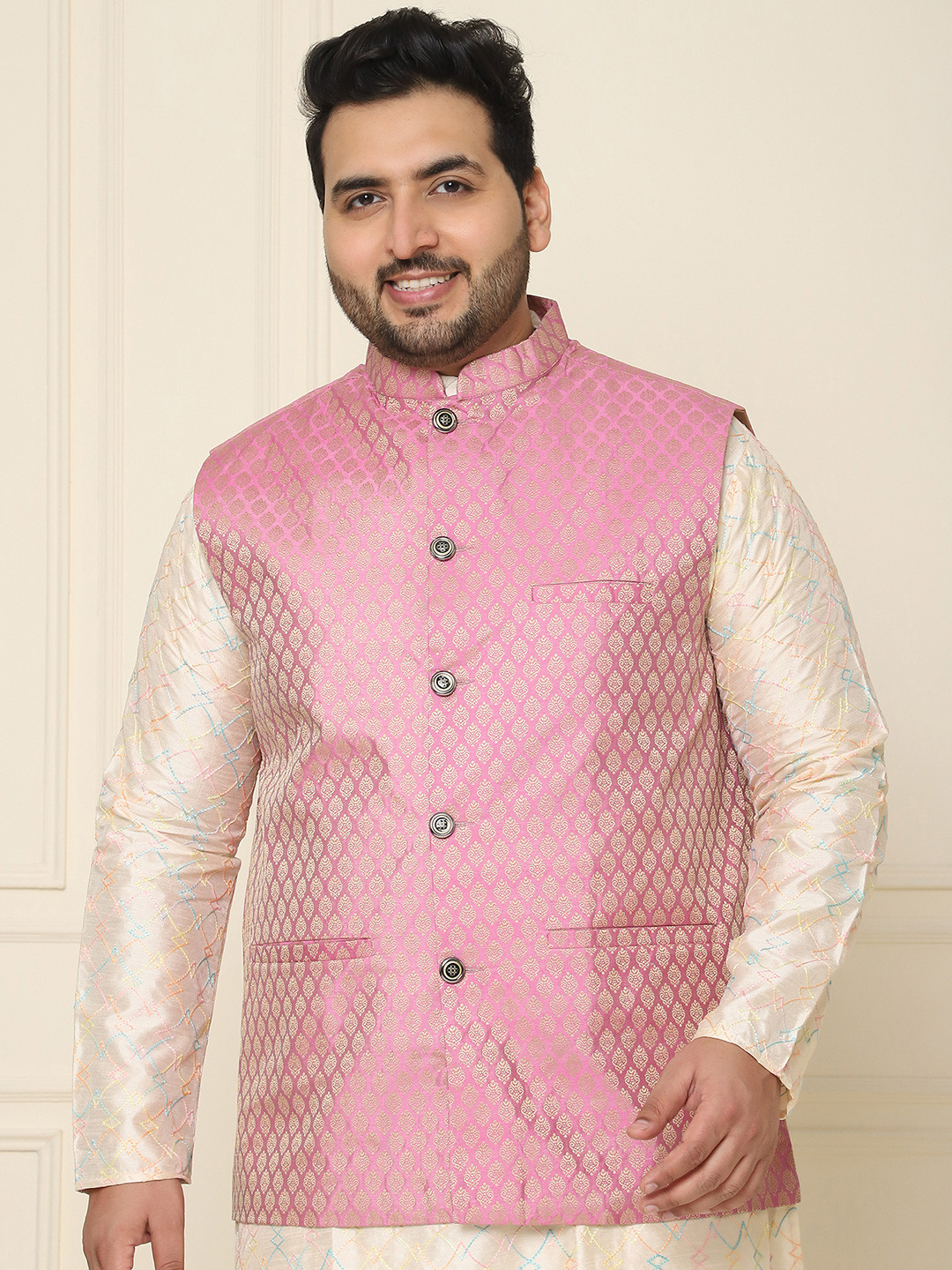 Sojanya PLUS Men's Pink & Golden Woven Design Nehru Jacket