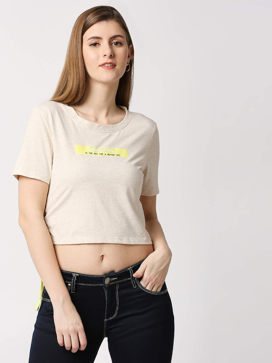 Pepe Jeans Women Beige & Yellow Typography Printed T-shirt