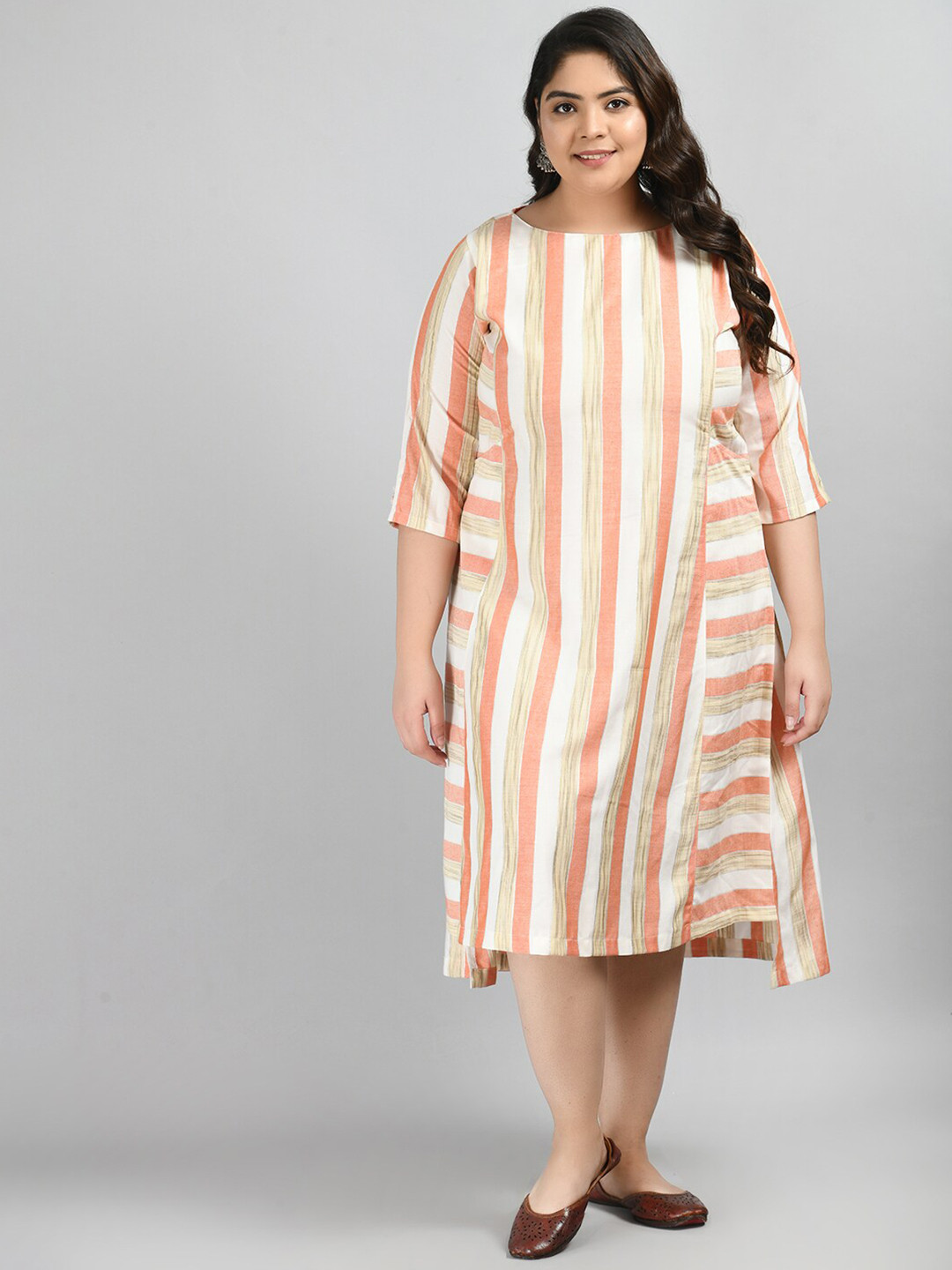 PrettyPlus by Desinoor com Plus Size Peach-Coloured Striped A-Line Midi Dress