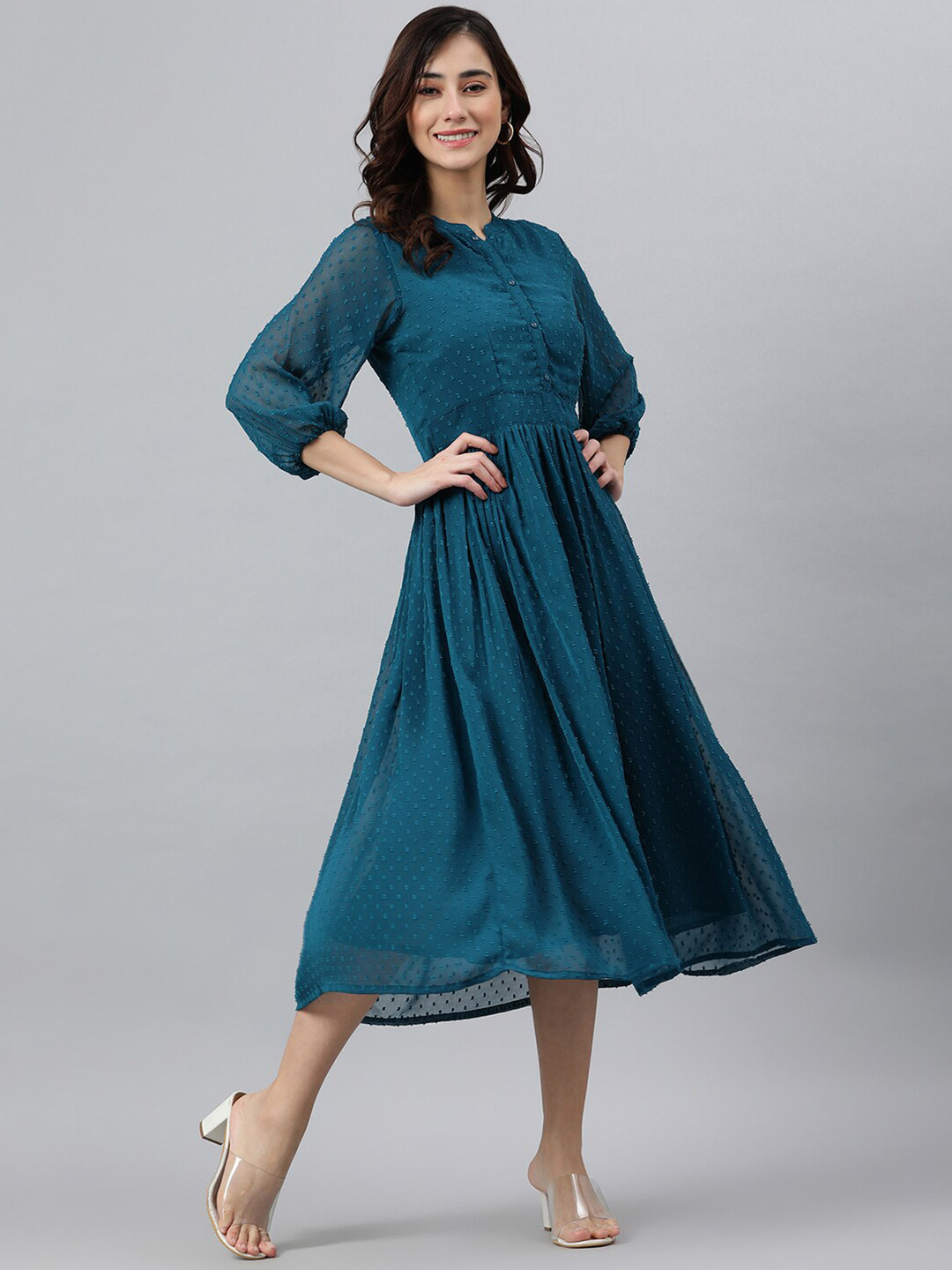 Janasya Teal Chiffon A-Line Midi Dress