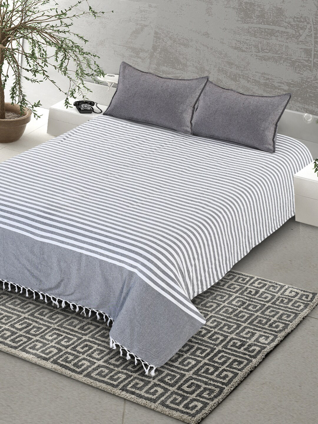 Saral Home Grey Striped Cotton 160 TC King Bedsheet with 2 Pillow Covers-108 x 105 inches
