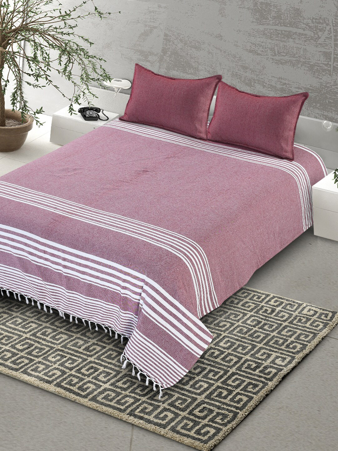 Saral Home Maroon & White Striped 160 TC King Bedsheet with 2 Pillow Covers