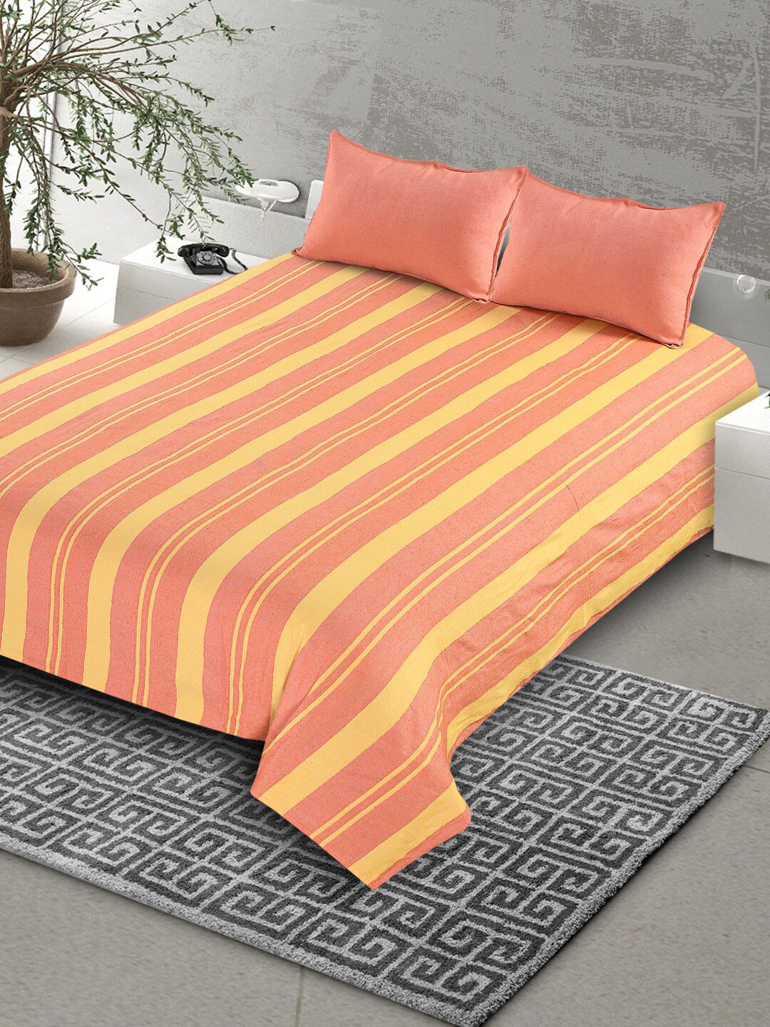 Saral Home Orange & Yellow Striped 160 TC King Bedsheet with 2 Pillow Covers
