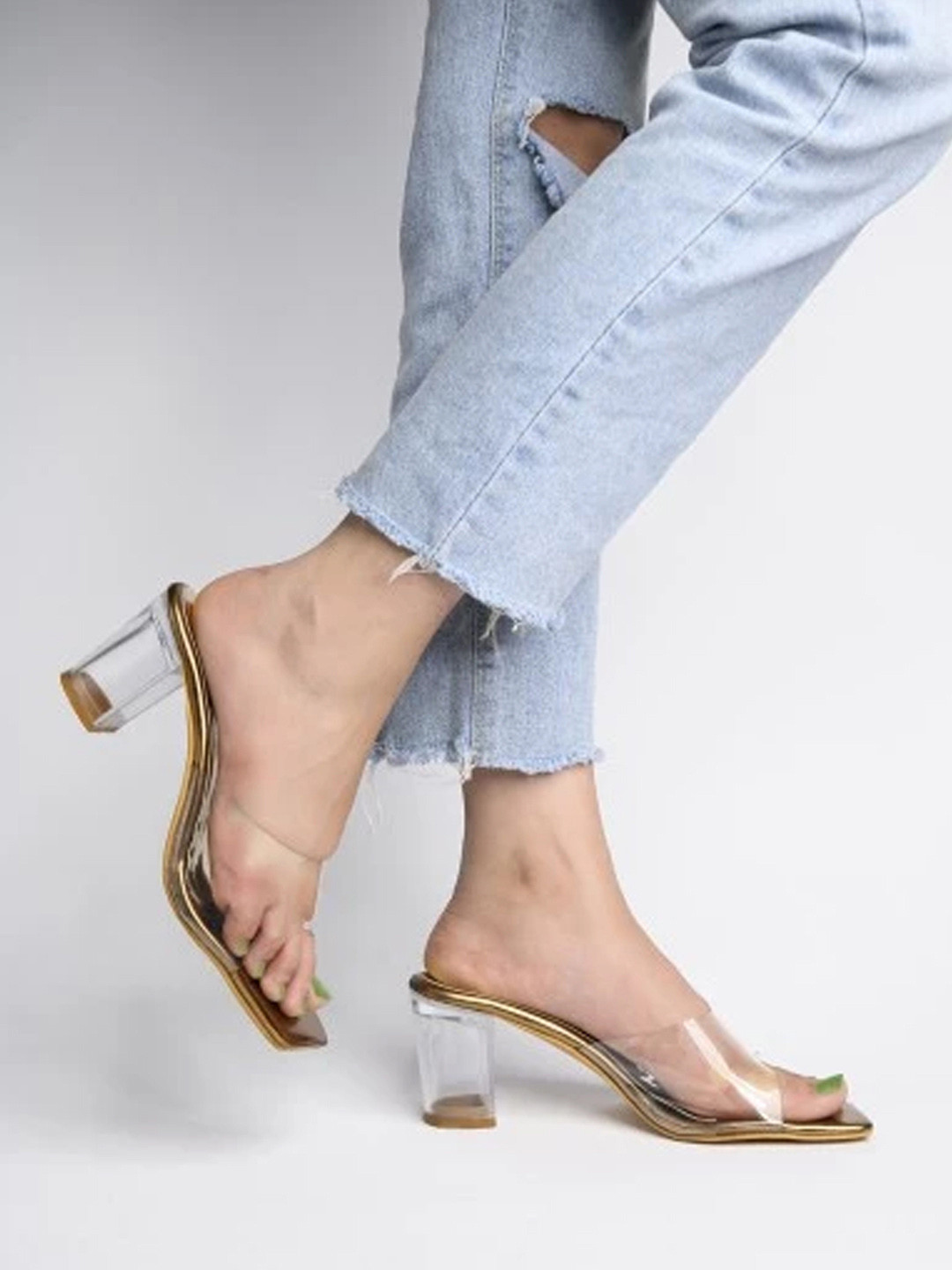 Shoetopia Copper-Toned & Transparent Block Sandals