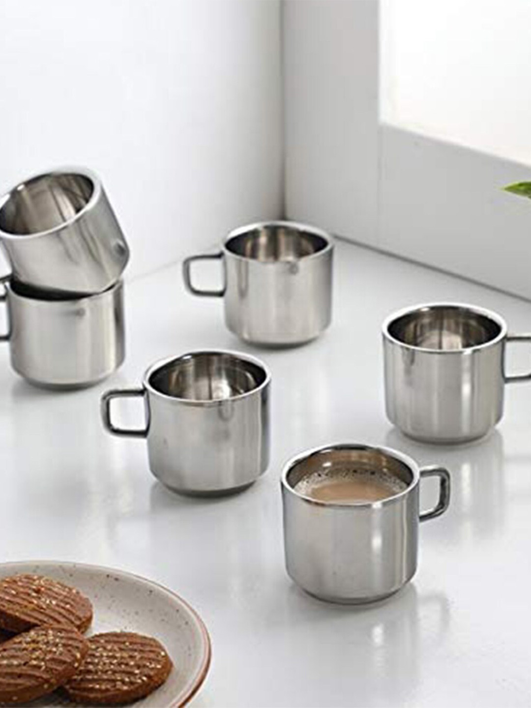 MARKET99 Elephant Silver Stainless Steel Dishwasher Safe 6 Piece Cups-100ml