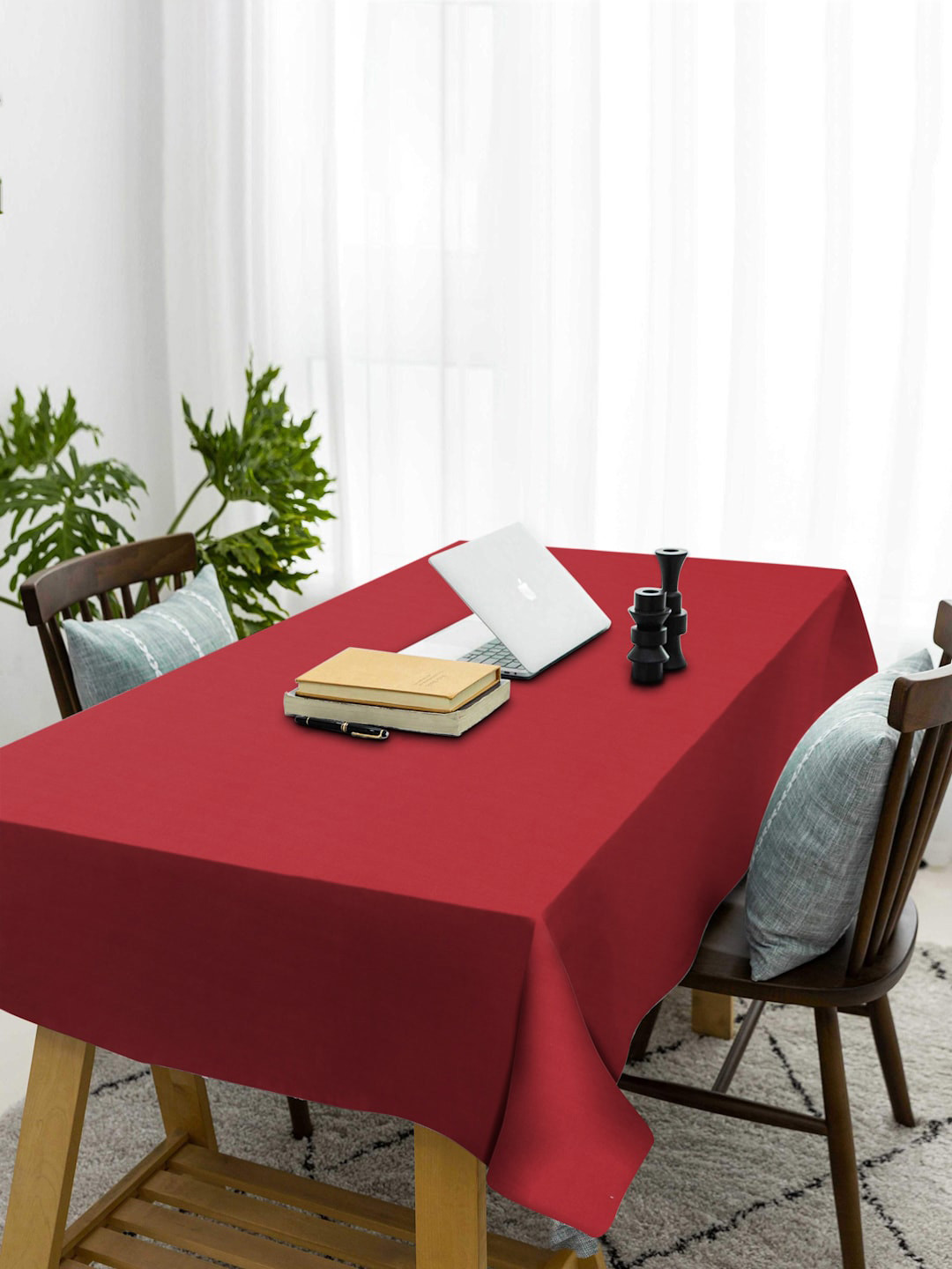 KLOTTHE Red 6 Seater Rectangular Table Cover Woven Design Cotton Table Cover