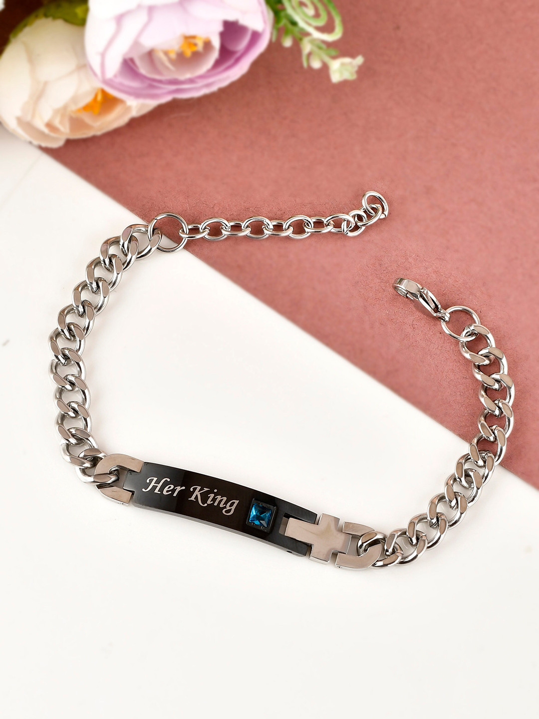 AQUASTREET Men Silver-Plated & Black Cubic Zirconia Her King Inscribed Charm Bracelet